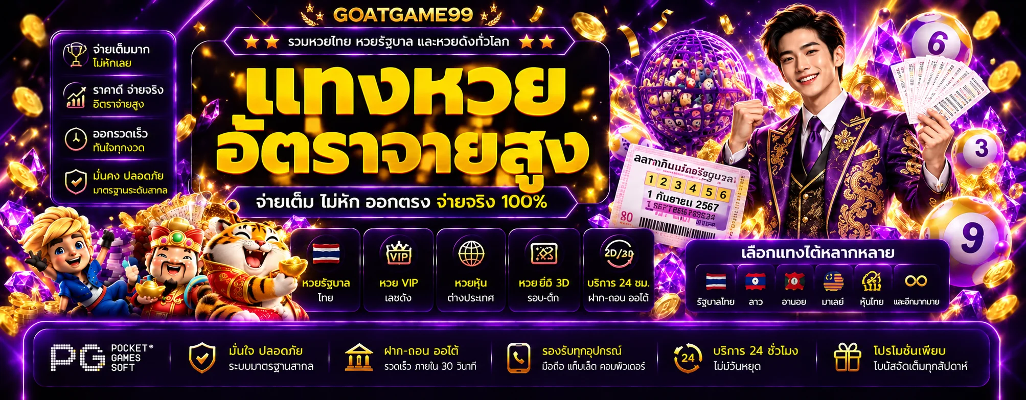 แบนเนอร์ตรวจผลหวย GOATGAME99 พร้อมลูกบอลตัวเลข